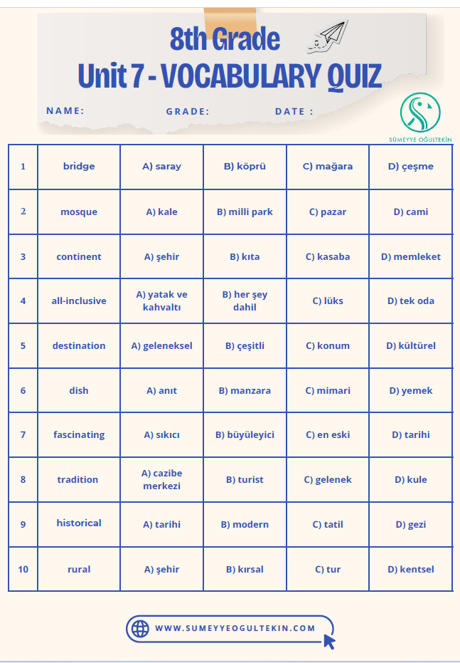 8.7 Tourism VOCABULARY QUIZ (20 Kelime)